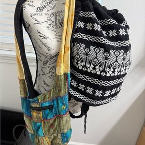 Boho Patchwork Crossbody Bag with Black & White Embroidered Drawstring Purse